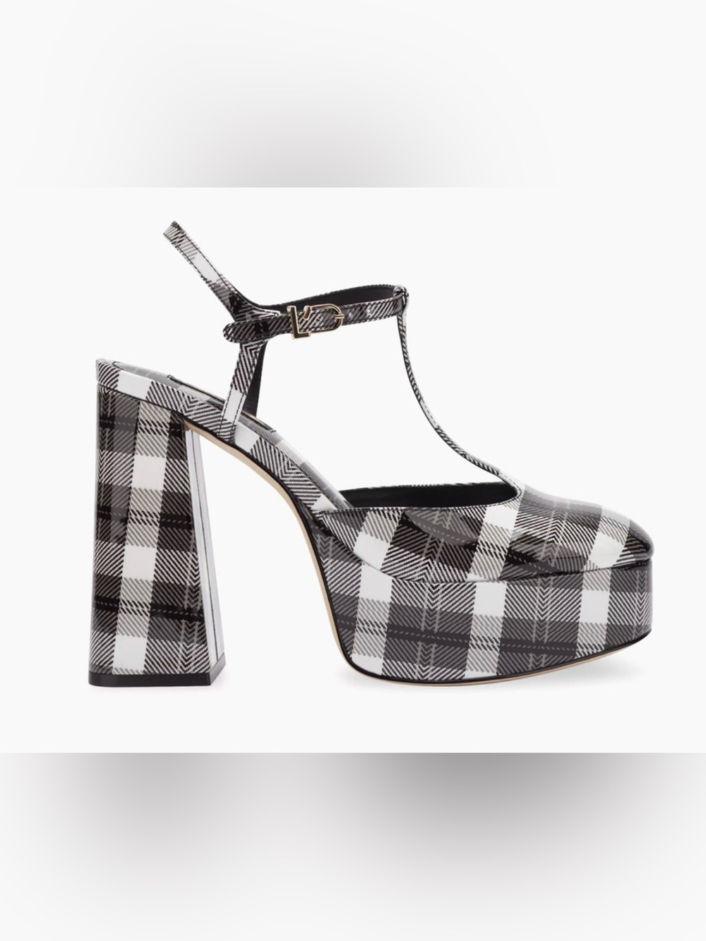 LARROUDE BLACK WHITE PLAID PIXIE PATENT LEATHER T-STRAP PLATFORM HIGH HEELS 9.5